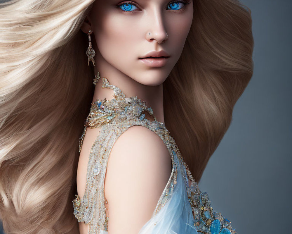 Blonde woman with blue eyes and turquoise jewelry portrait