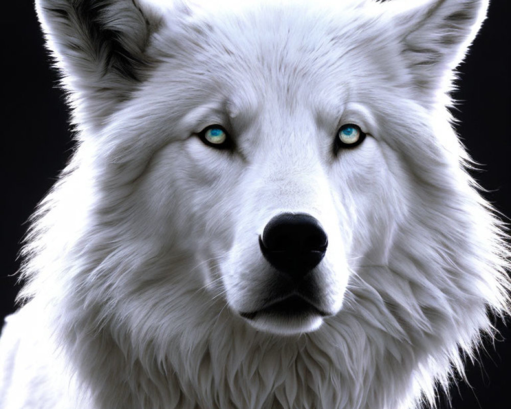 White wolf with blue eyes on dark background