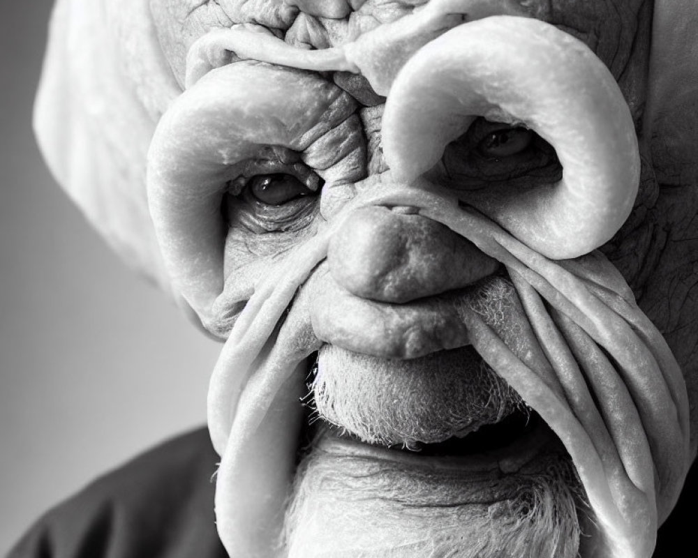 Detailed black and white close-up of person in troll or ogre makeup with textured skin, large nose