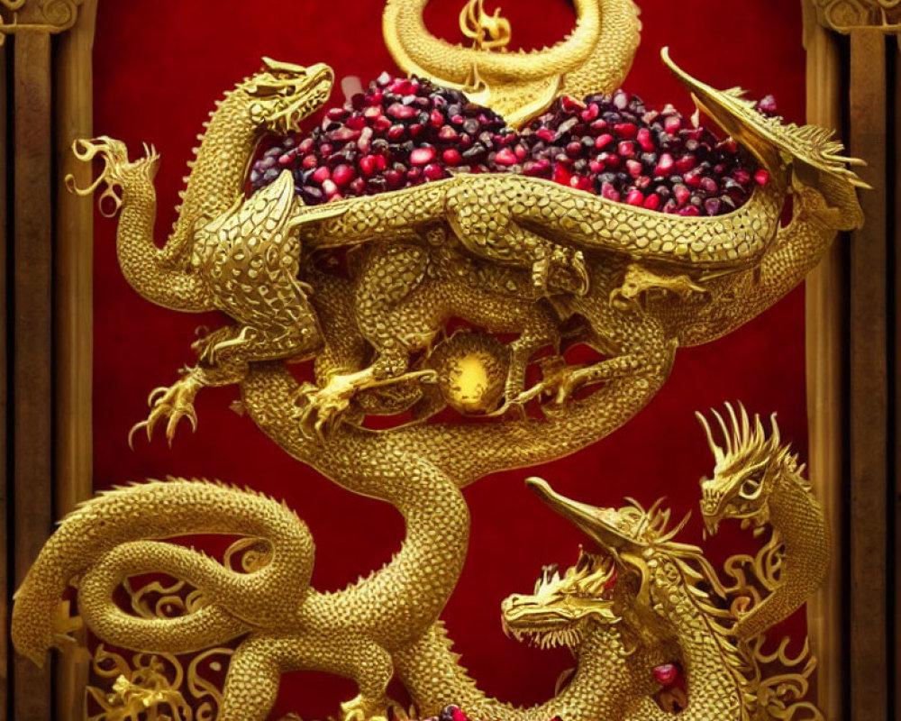 Golden Dragon Sculpture Encircles Red Gemstones in Ornate Alcove