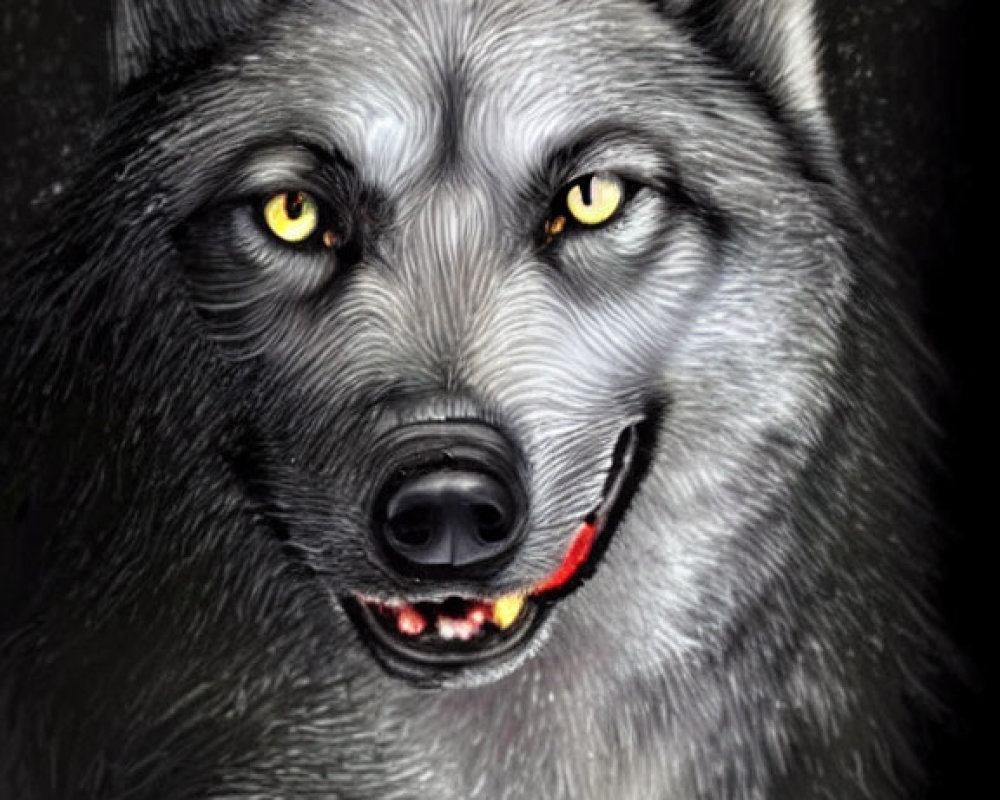 Grey wolf digital painting with yellow eyes and grin on dark textured background