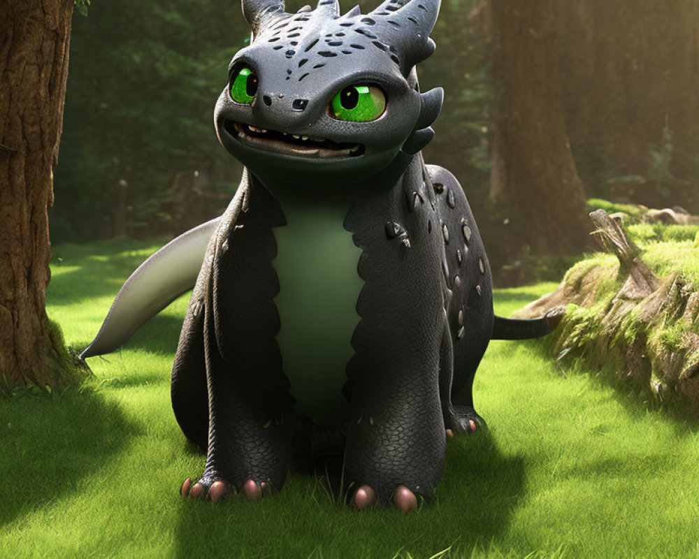 Animated Dragon with Green Eyes and Black Scales in Sunlit Forest