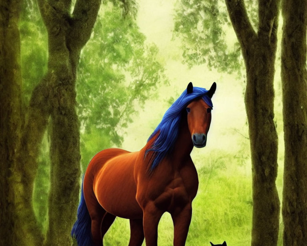 Illustration of chestnut horse with blue mane in mystical forest with black cat.