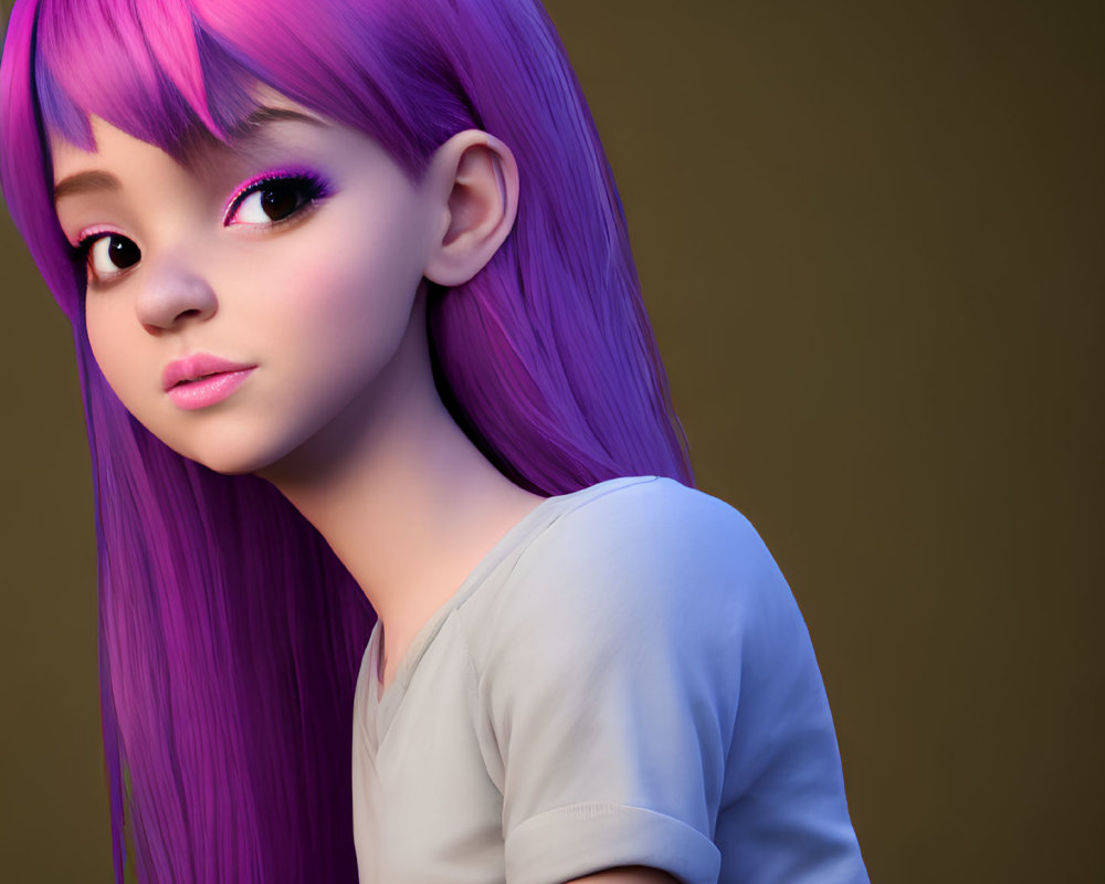 Female character 3D animation: vibrant purple hair, expressive eyes, subtle smile, pale blue top