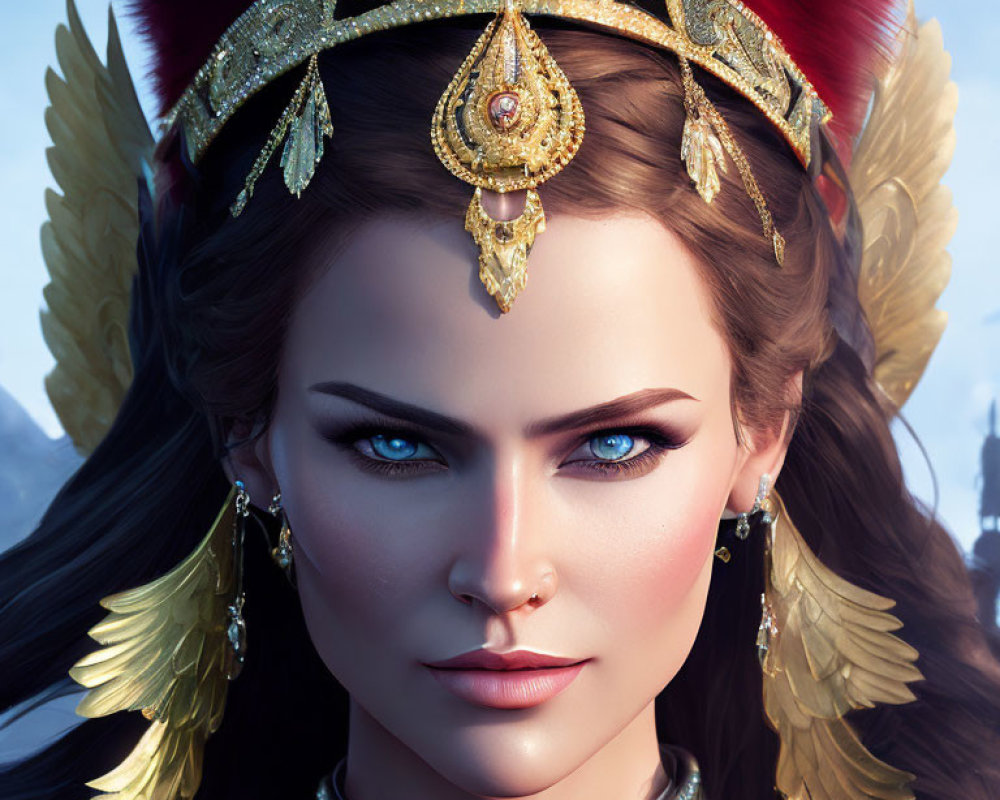 Digital portrait of woman with blue eyes in golden crown with red feathers & jewels