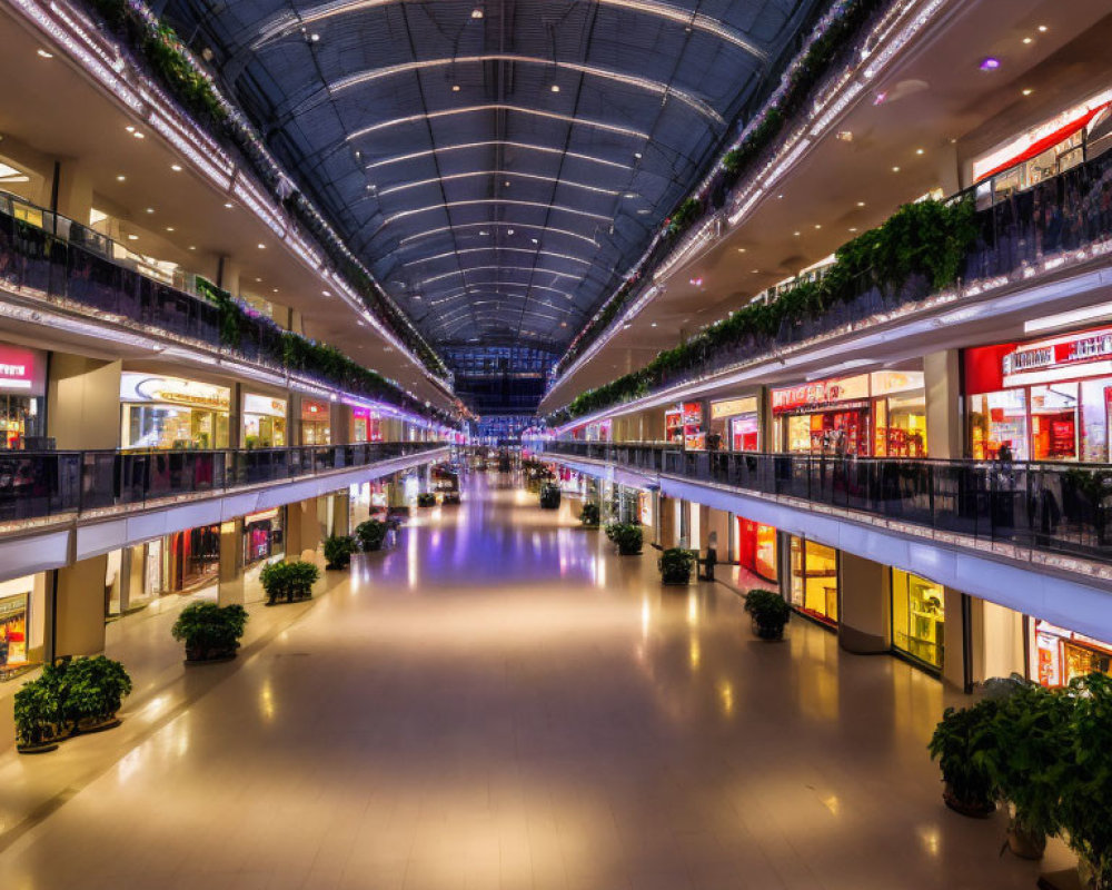 Brightly Lit Three-Level Shopping Mall with Glass Ceiling & Retail Stores