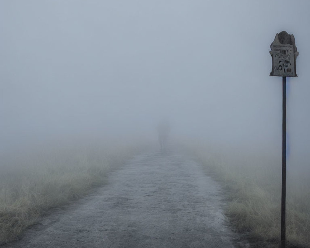 Foggy path with silhouette and weathered signpost