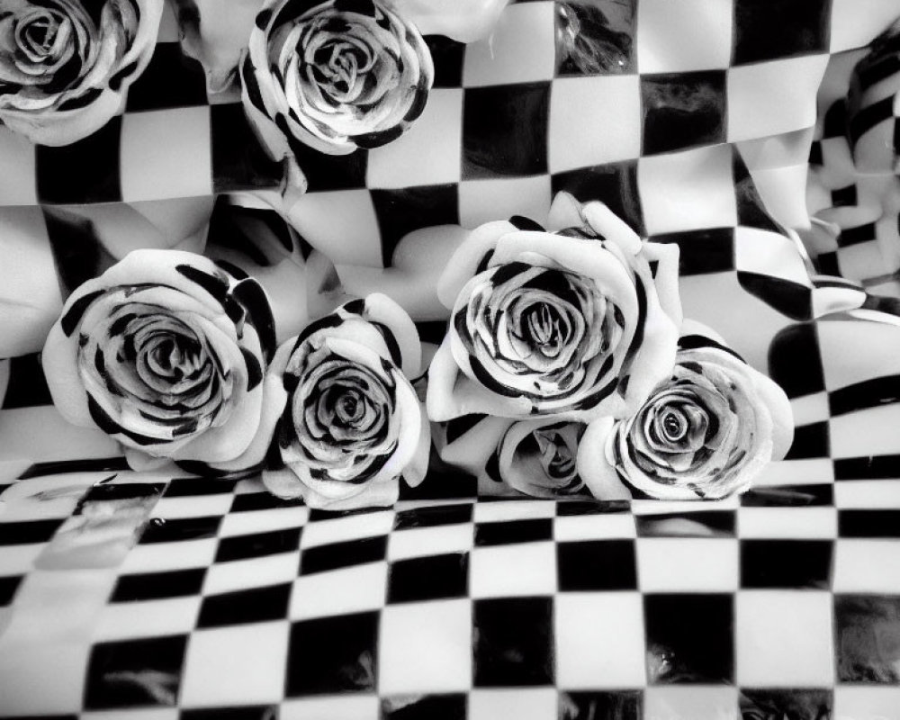 Monochrome roses with painted petals on checkered background