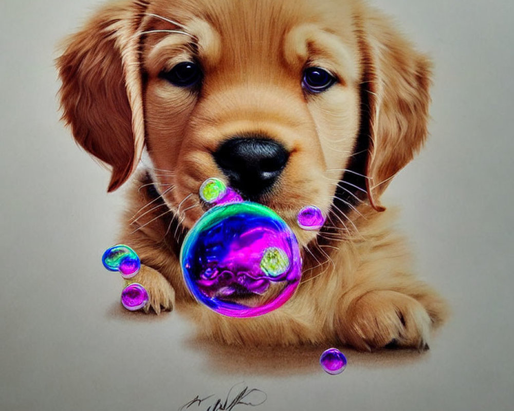 Adorable golden retriever puppy watching soap bubbles on gray background