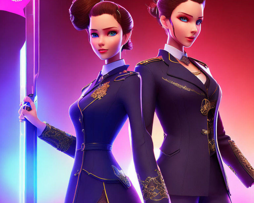 Stylized animated female characters in military-style uniforms with neon light