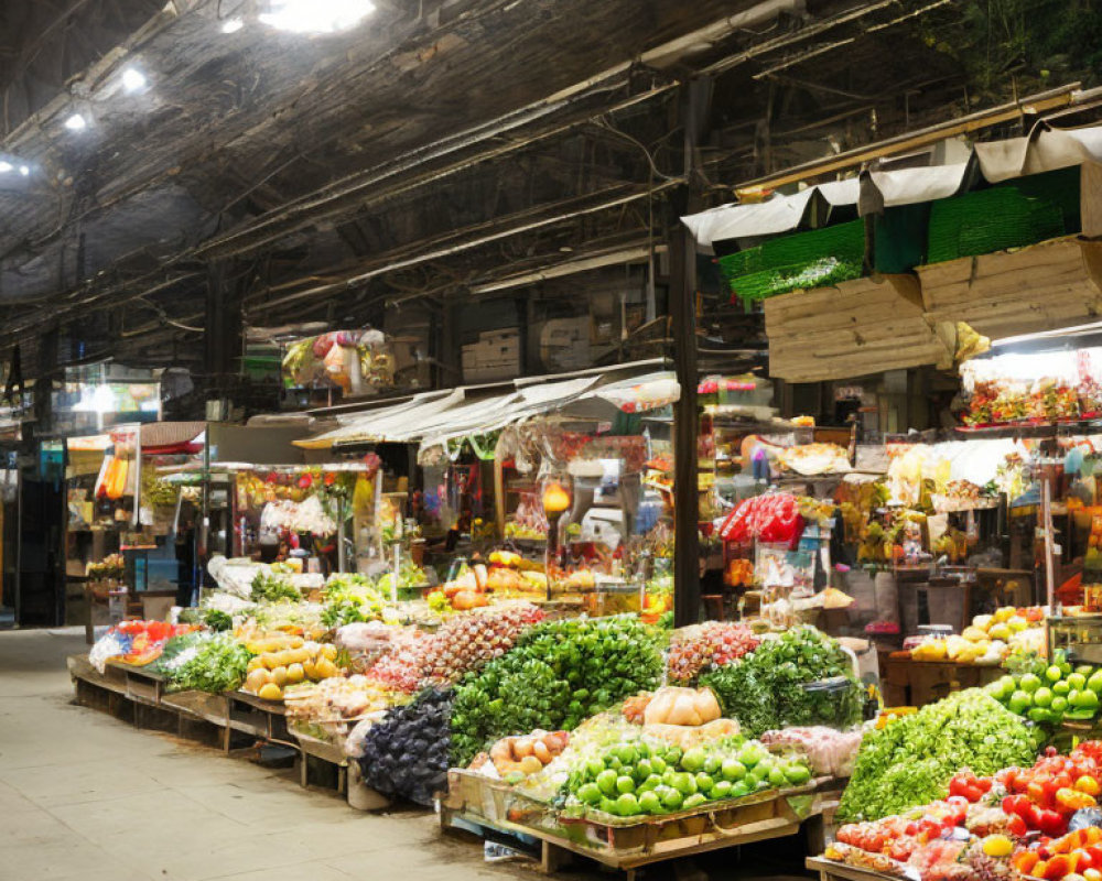 Vibrant indoor market with fresh fruits and vegetables under bright lights