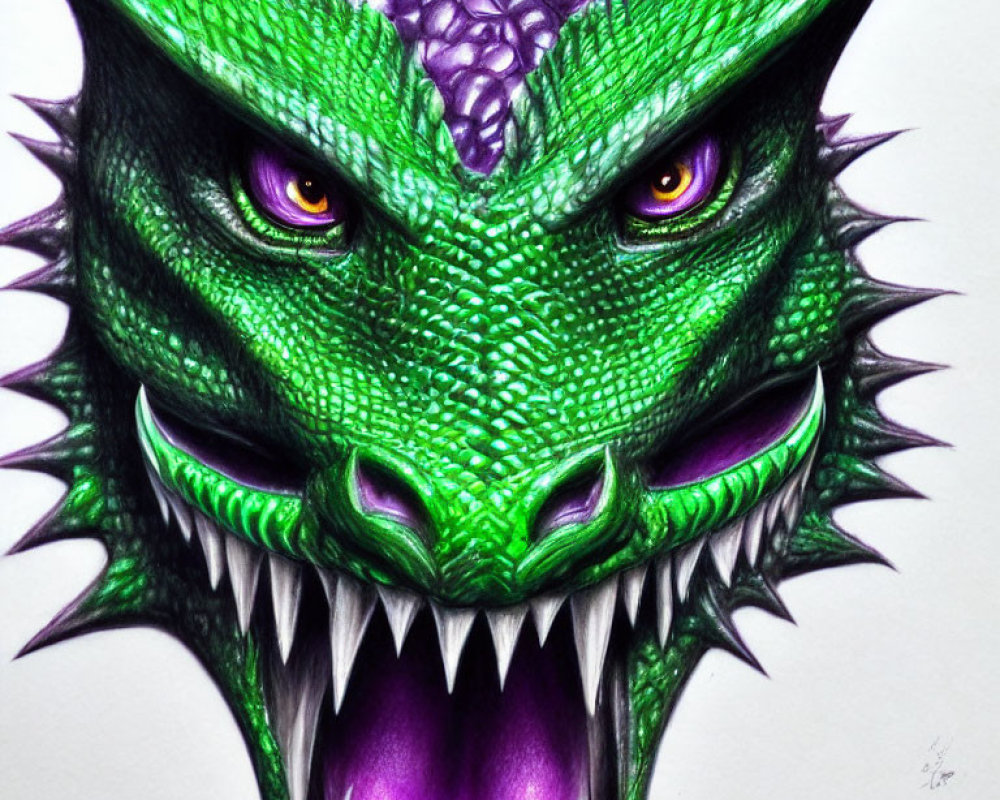 Detailed Illustration: Green Dragon Head with Purple Eyes, Sharp Teeth, Scales