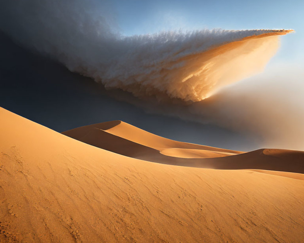 Dramatic desert landscape with wave-like cloud formation above rippling sand dunes