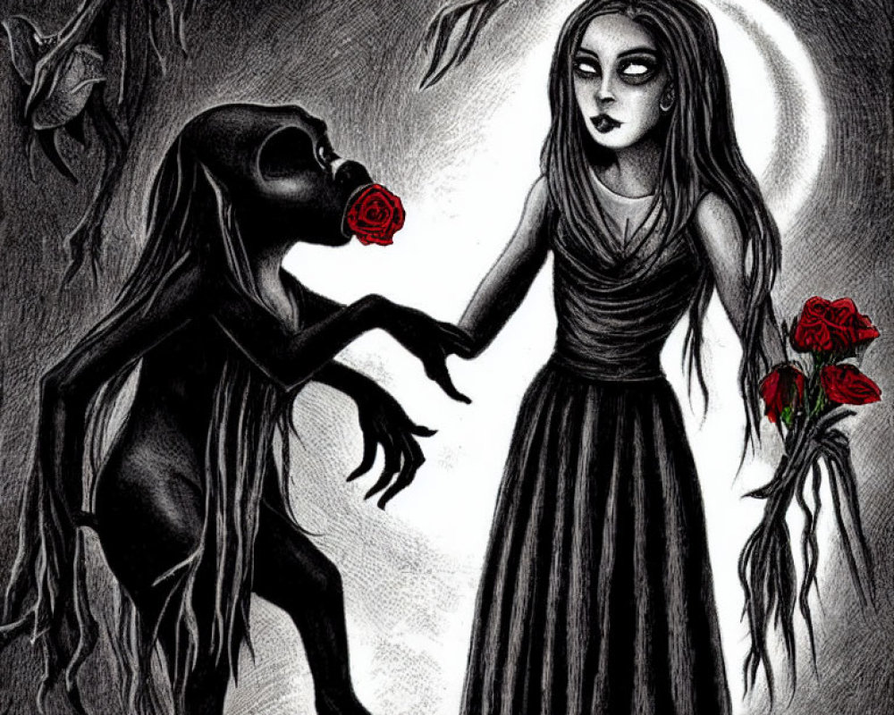 Gothic-style illustration of creepy creature offering red rose to pale woman under lunar halo