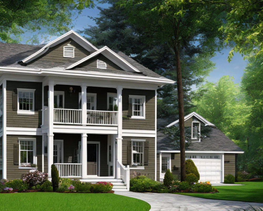 Suburban Two-Story House with Porch, Garage, Trees, and Lawn