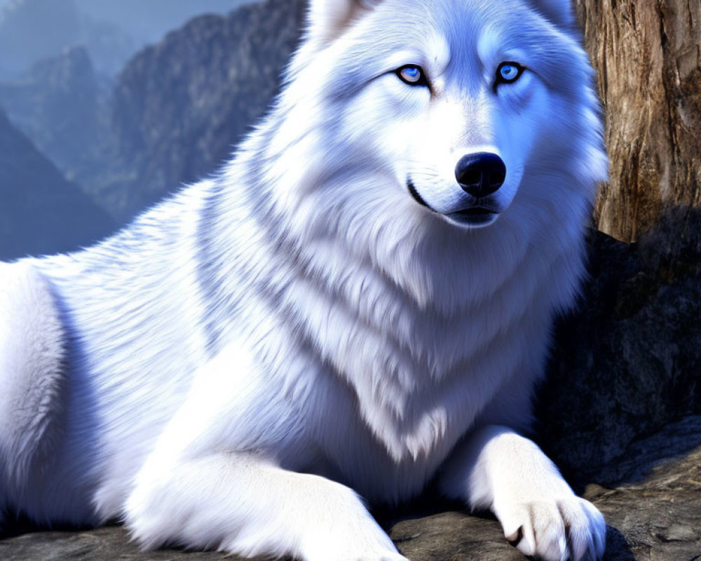 White Wolf with Blue Eyes Resting on Rocky Surface in Misty Mountain Scene