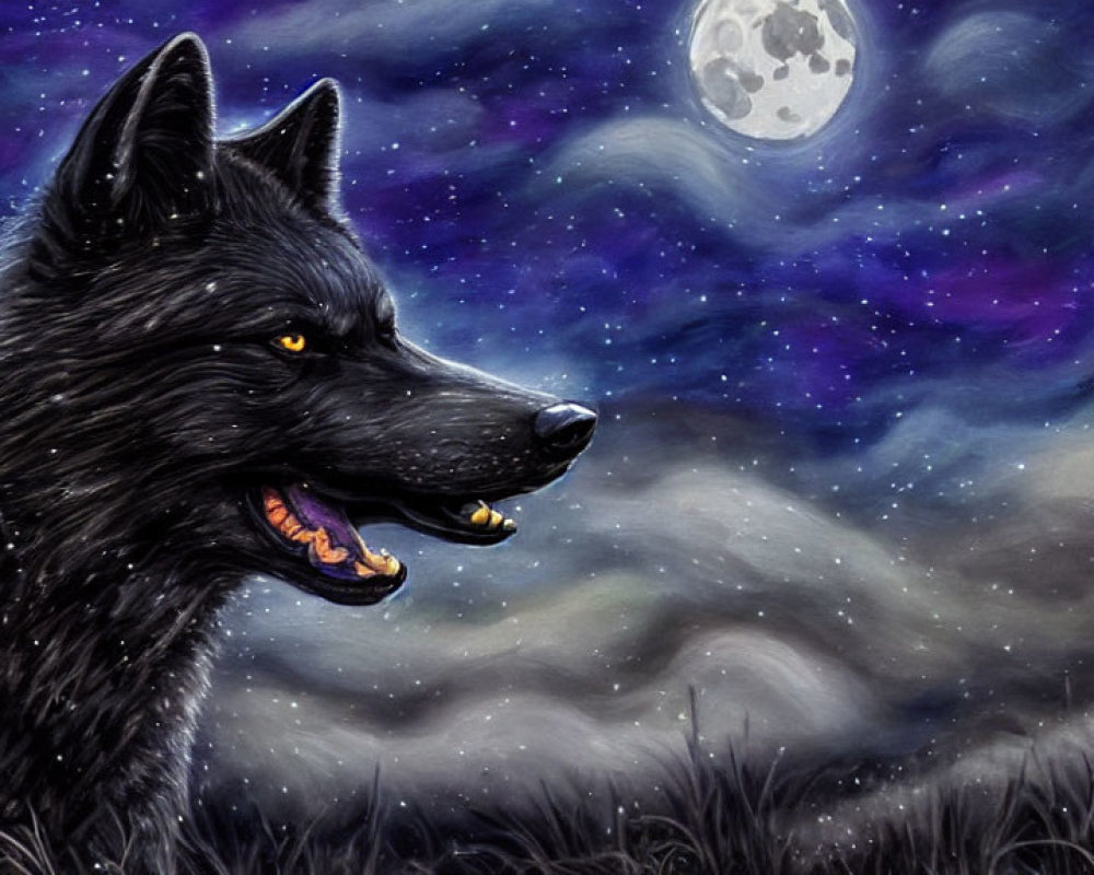 Black Wolf Profile Against Moonlit Night Sky with Stars