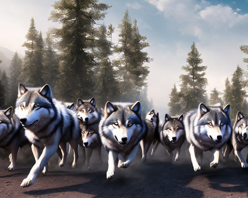 Animated grey and white wolves running in misty forest scene