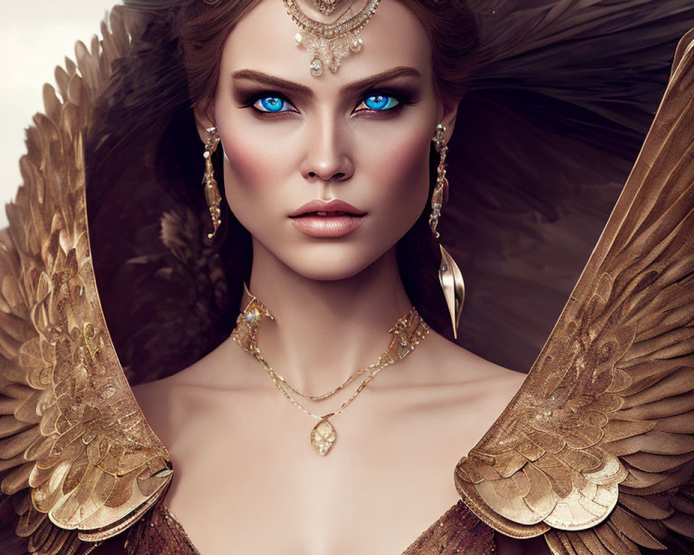 Digital art portrait of a woman with blue eyes and golden jewelry, exuding ethereal aura