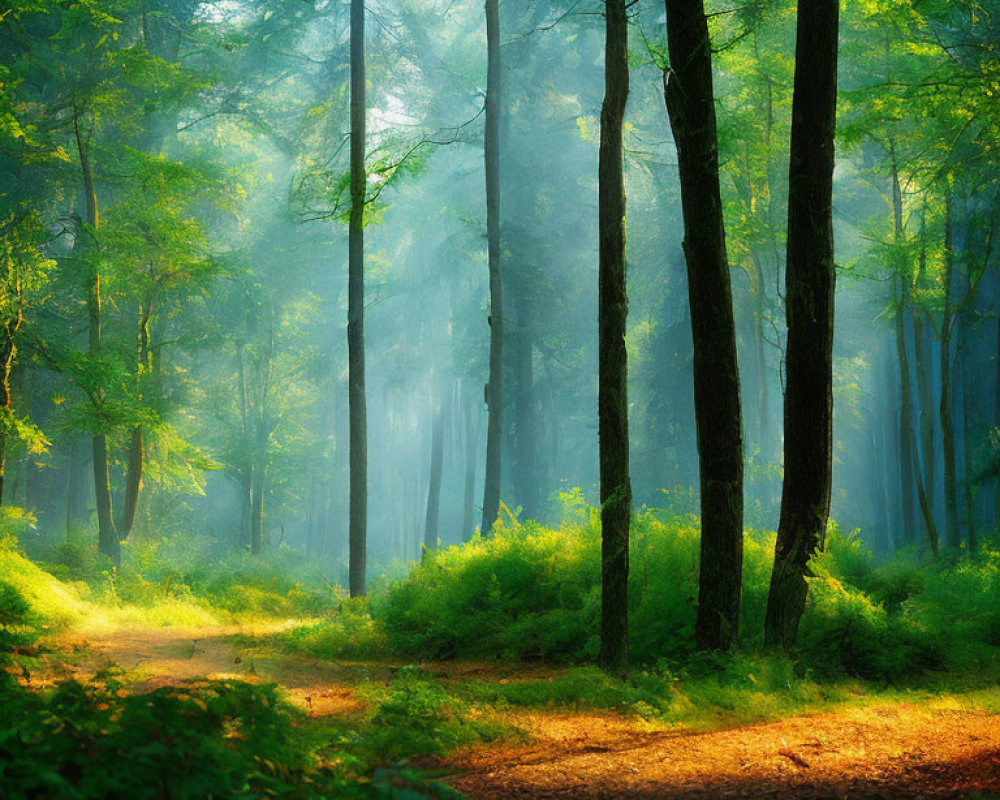 Verdant forest with sunlight filtering through trees