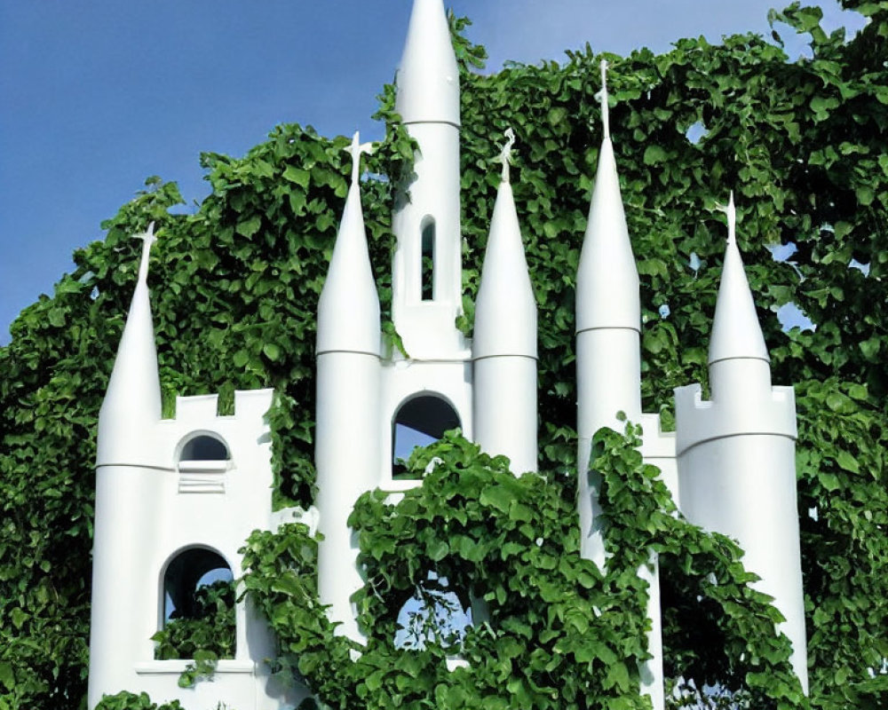 White Castle with Pointed Turrets Covered in Ivy Against Blue Sky