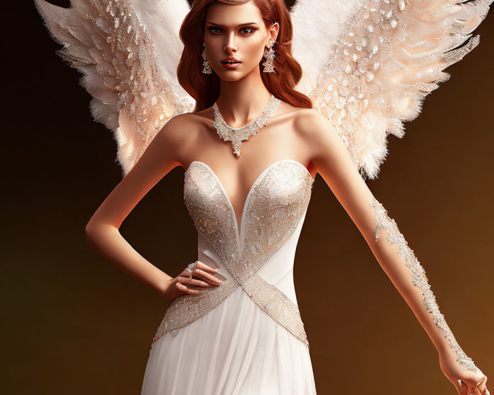 Digital Artwork: Woman with Angel Wings in White Gown