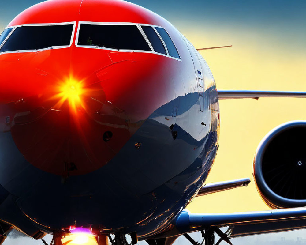 Commercial Airplane Sunset View with Visible Engines and Sun Reflection