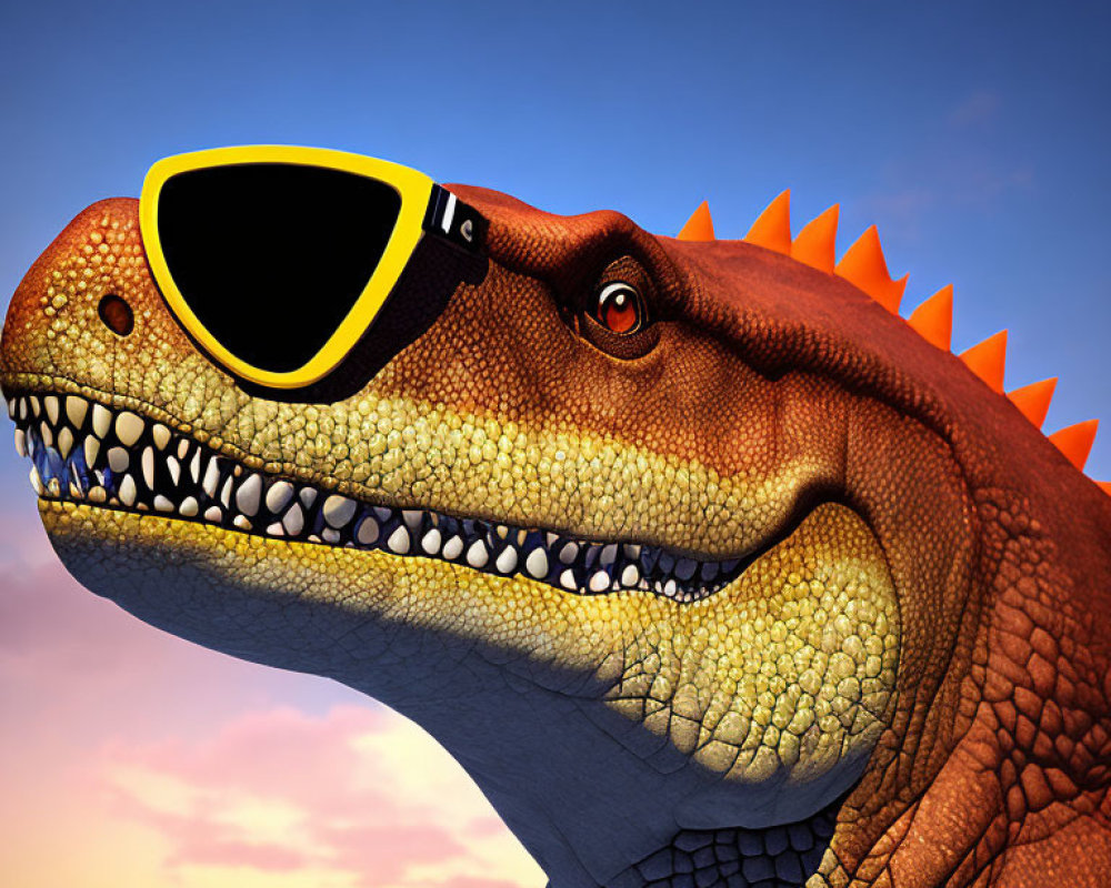 Stylized T-Rex with sunglasses on sunset sky backdrop