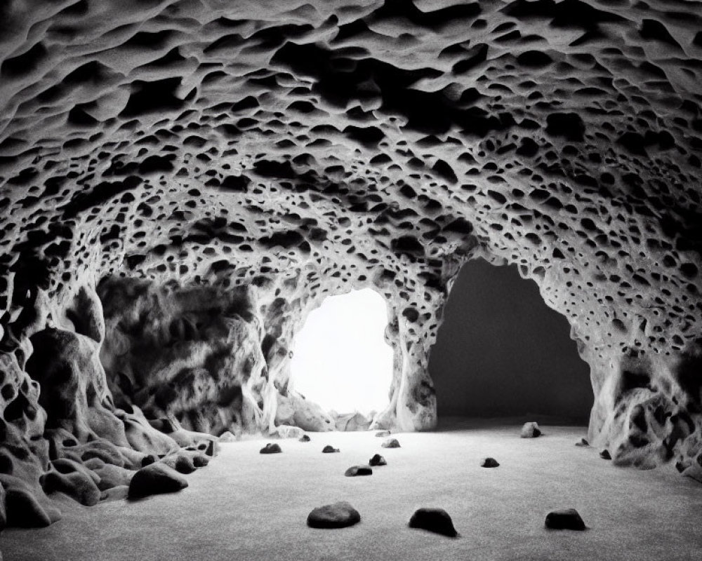 Monochrome photo of eerie, hole-riddled cave with bright entrance