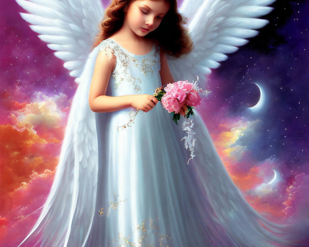 Digital artwork: Angelic young girl with wings and tiara, holding flowers, in cosmic backdrop.