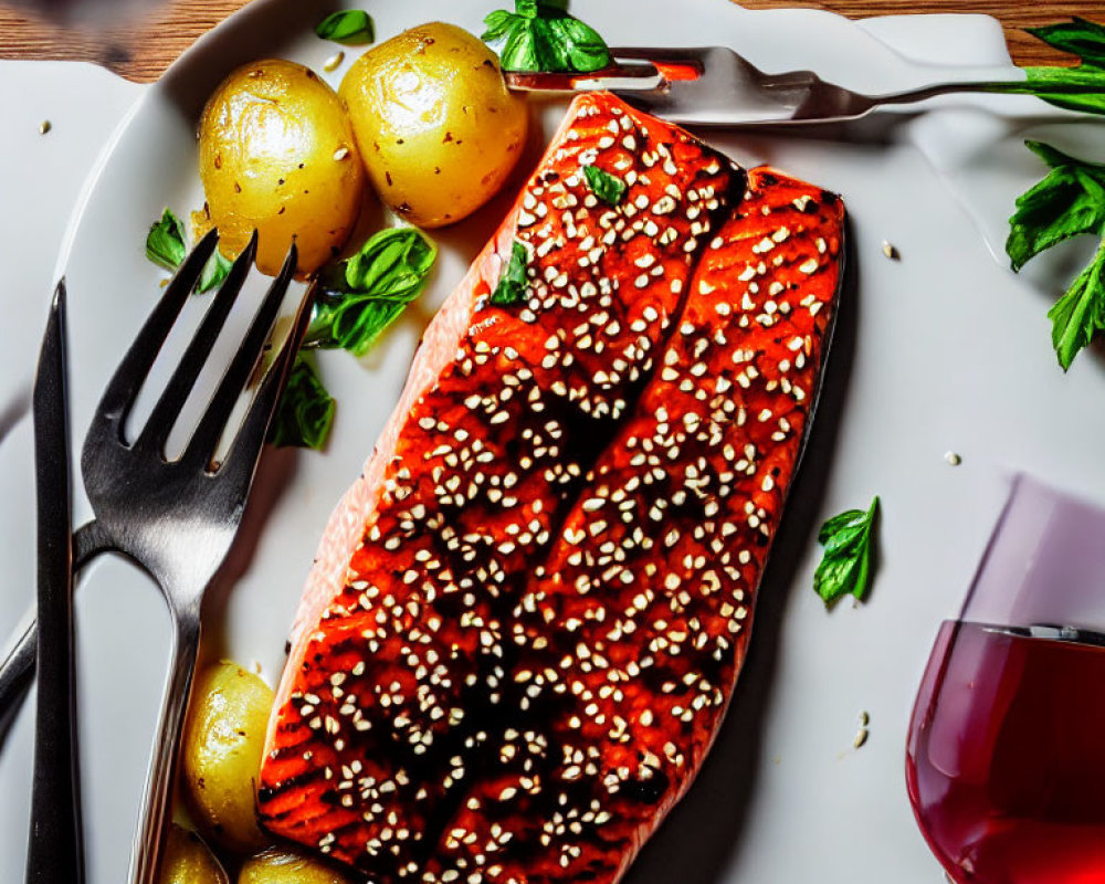 Grilled Salmon with Sesame Seeds, Baby Potatoes, Red Wine, and Fresh Basil Displayed