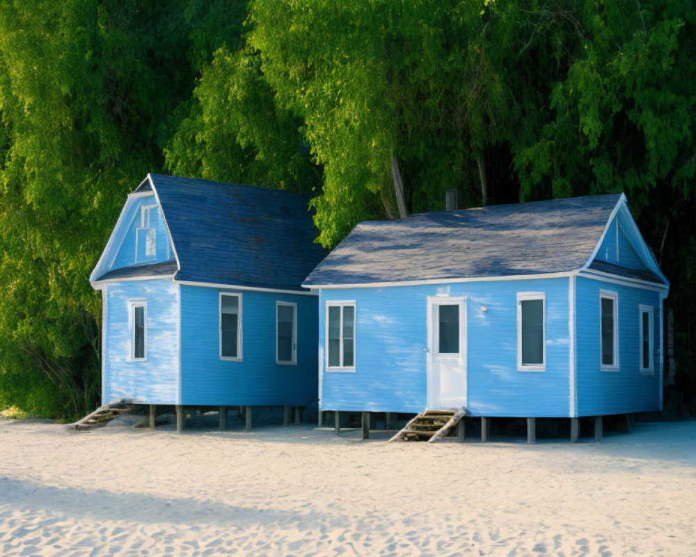 Blue Wooden Beach House on Stilts Amid Sand and Foliage