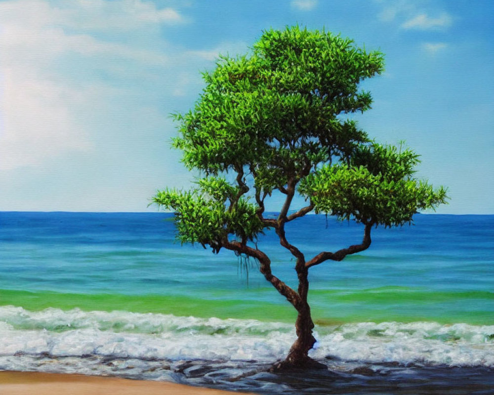 Twisted trunk tree on sandy beach by tranquil ocean