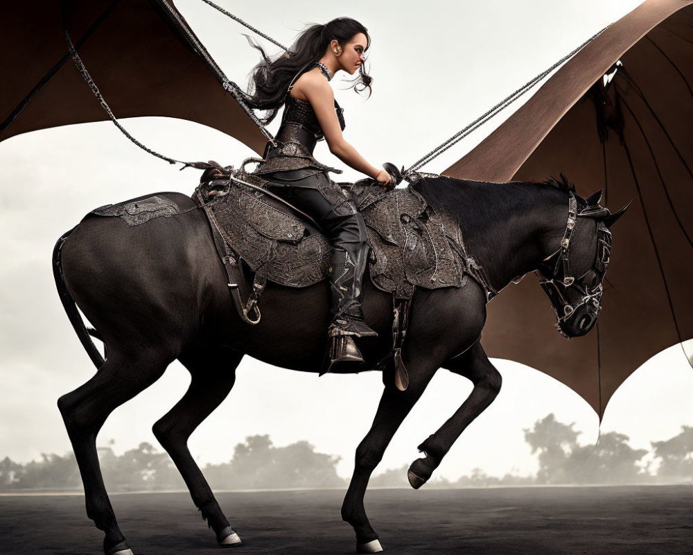 Woman in fantasy outfit riding majestic black horse with ornate tack, dragon wings backdrop