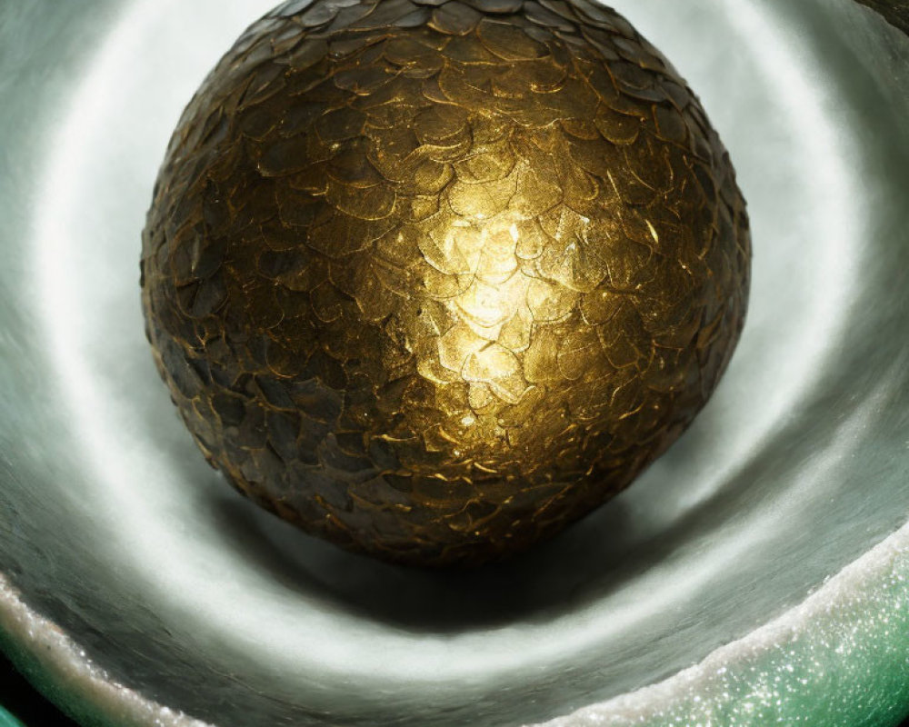 Textured golden egg with radiant light and metallic concentric rings.