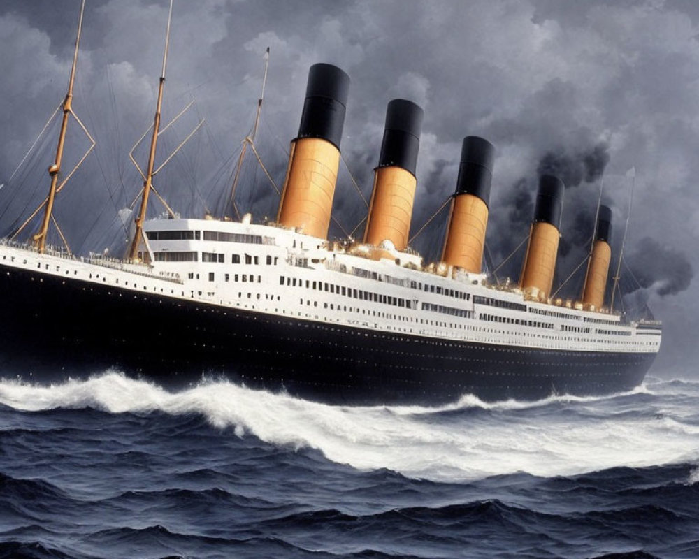 Ocean liner with four smokestacks navigating rough seas under stormy sky