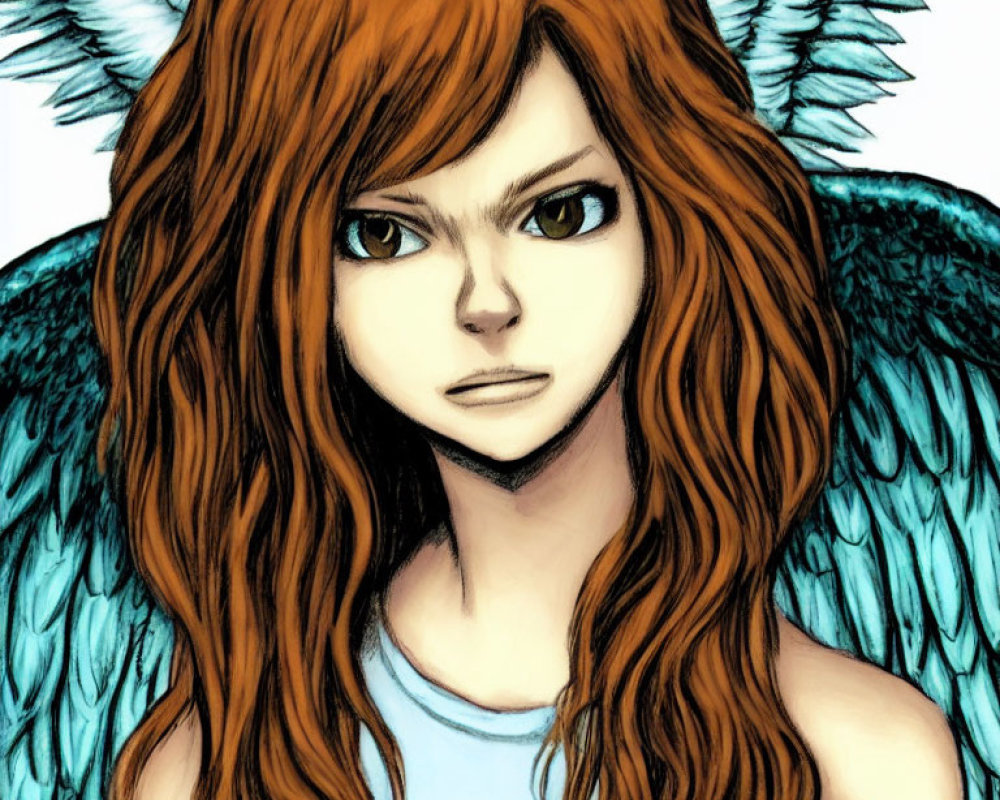 Detailed illustration: Person with auburn hair, intense gaze, and blue angel wings