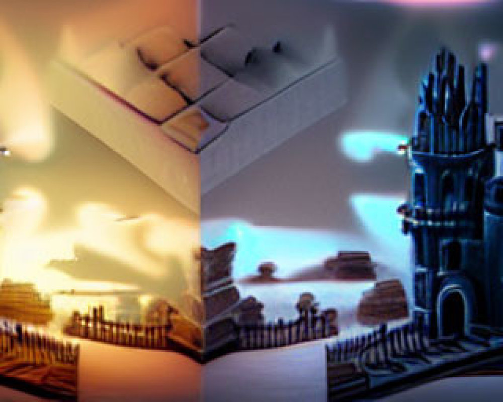 Miniature castles under dramatic warm and cool lighting