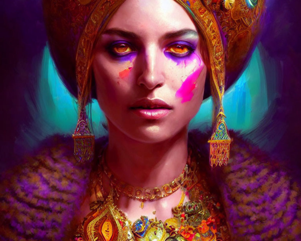 Vibrant digital artwork featuring a woman with striking yellow eyes and intricate golden jewelry