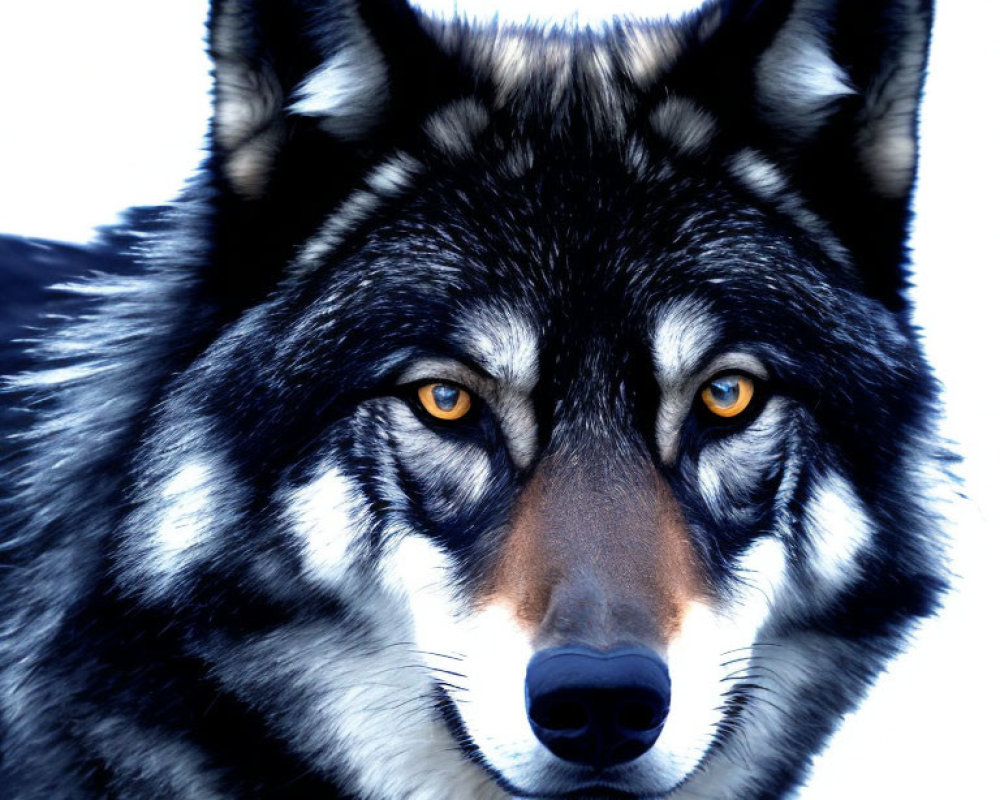 Close-up Wolf Image with Amber Eyes and Black & White Fur