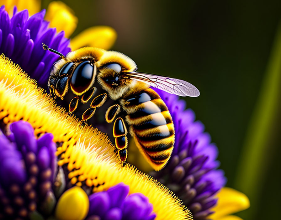 Detailed Close-Up of Bee on Purple and Yellow Flower