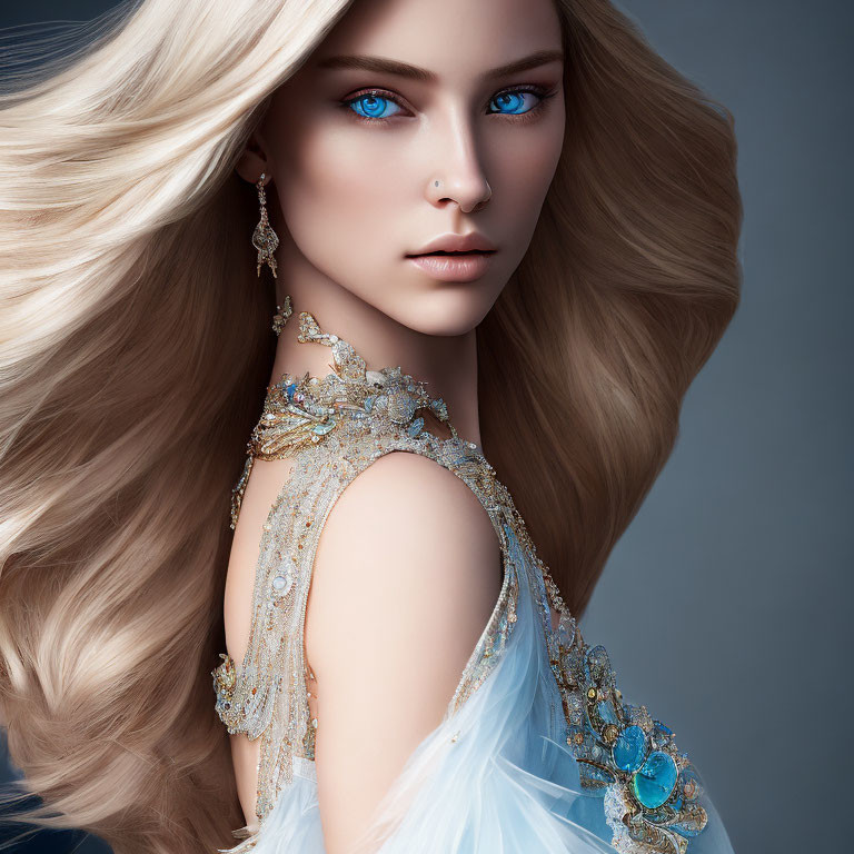 Blonde woman with blue eyes and turquoise jewelry portrait