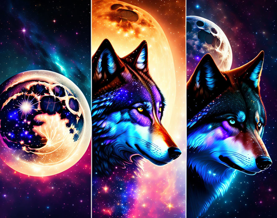 Vibrant digital art panels of wolves in cosmic settings