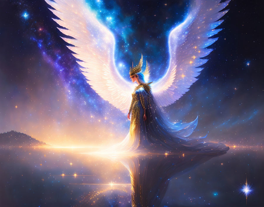 Majestic angelic figure with luminous wings in starry cosmos