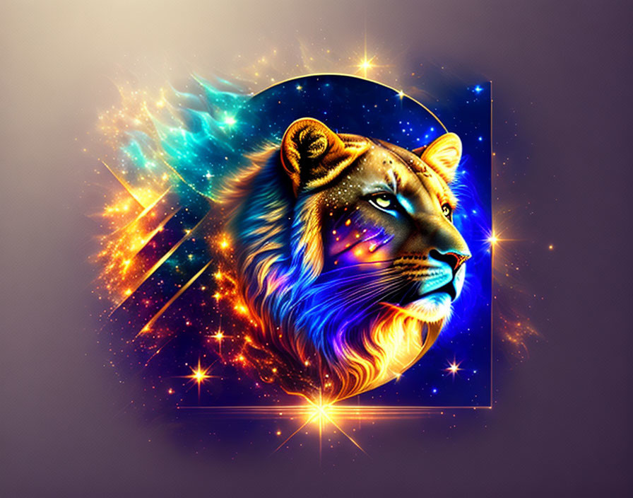 Multicolored lion's head in cosmic setting with geometric portal