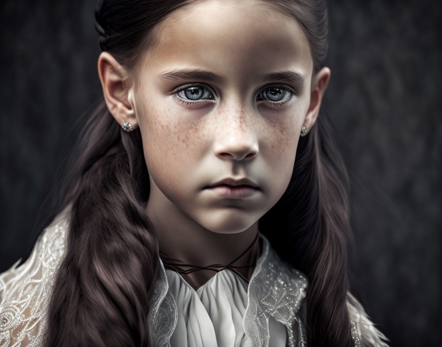 Portrait of young girl with braided hair, freckles, intense eyes, white lace garment