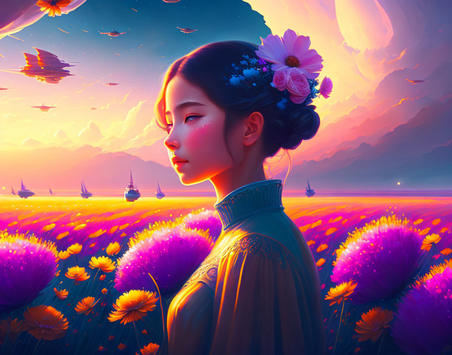 Woman with flowers in hair gazes at vibrant sunset landscape