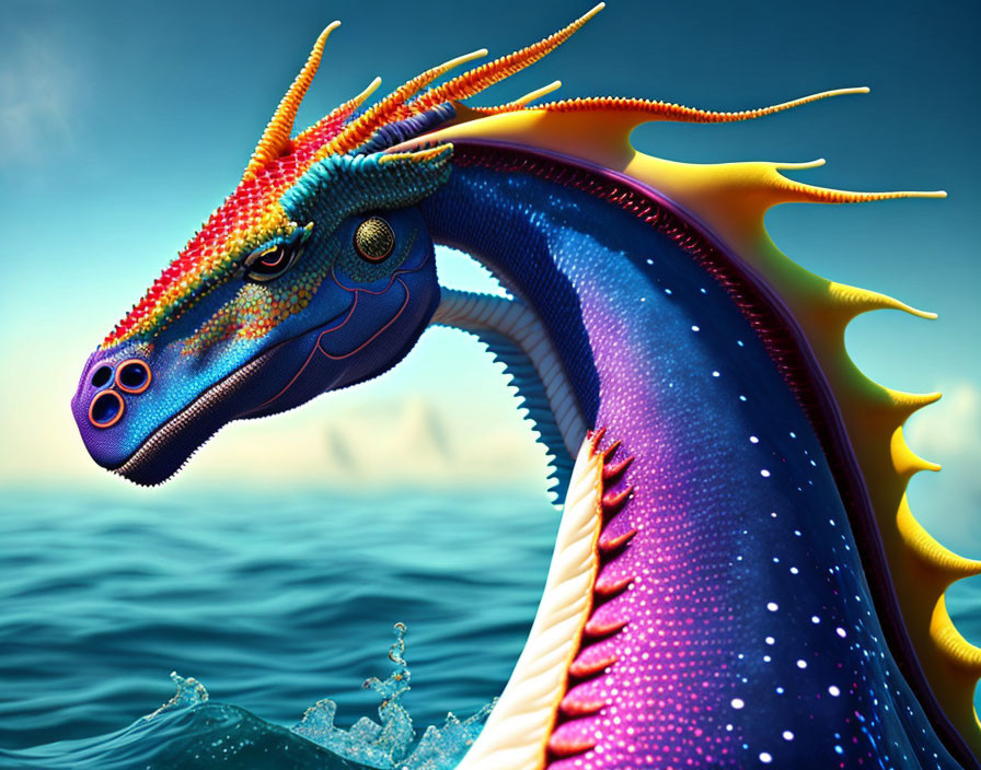 Colorful Rainbow Dragon-Like Creature Emerges from Sea on Blue Sky Background