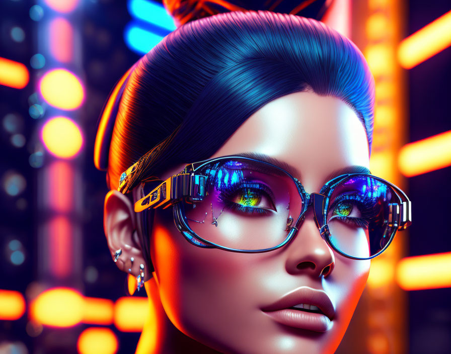 Digital artwork: Woman with stylish hair and sunglasses in neon-lit background