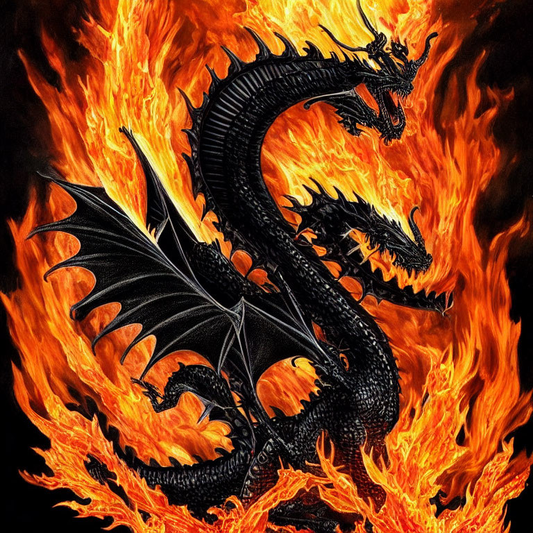 Black dragon with outstretched wings engulfed in roaring flames